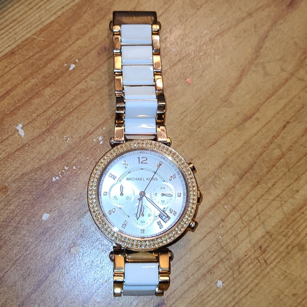 Michael Kors Parker white rose gold link watch